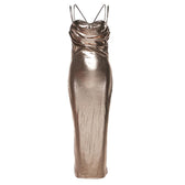 Metallic ruched backless patchwork solid midi dress