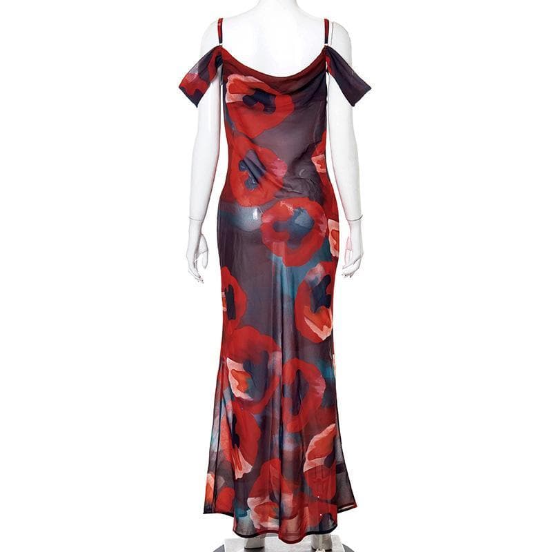 Off shoulder see through chiffon print maxi dress 4
