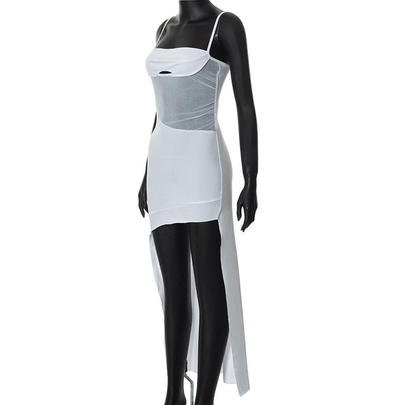 Solid irregular hollow out mesh backless cami mini dress 3