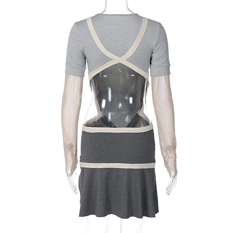 Mesh Long Sleeve Contrast Trim Cross Front Layered Look Mini Dress 3