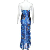 Mesh see through hollow out o ring contrast print ruffle maxi dress 4