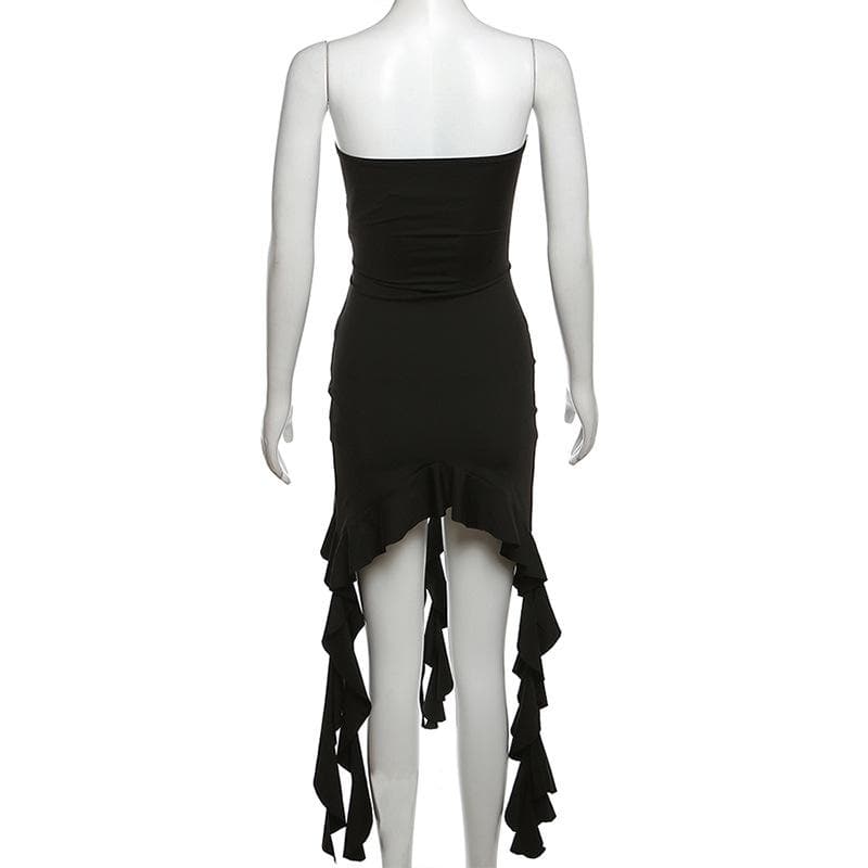 Strapless Lace Up Corset Waist Ruffle High Low Hem Mini Dress 4