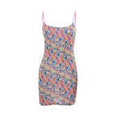 Mesh letter print contrast square neck backless cami mini dress 2