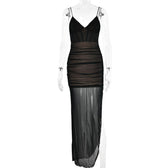 Mesh v neck ruched slit zip-up spaghetti strap maxi dress 5