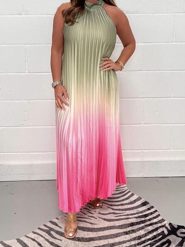 Halter Neck Accordion Pleated Ombre Maxi Dress