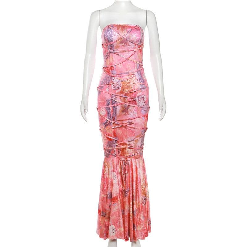 Lace up flower print contrast backless tube maxi dress 2