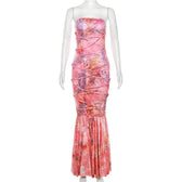 Lace up flower print contrast backless tube maxi dress 2