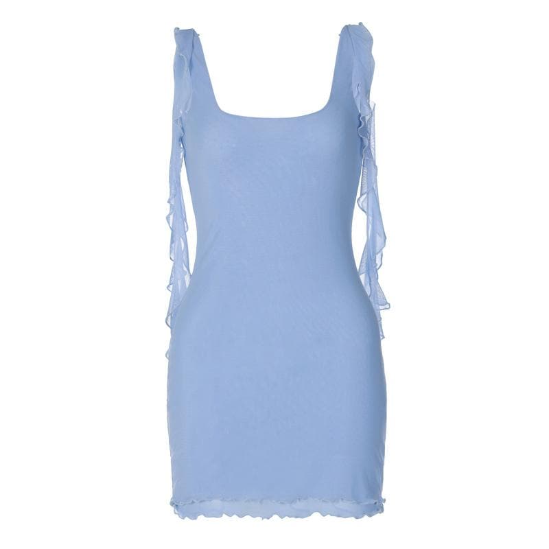 Mesh Square Neck Ruffle Strap Layered Hem Bodycon Mini Dress 3