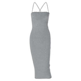 Cross back lace up self tie backless solid square neck midi dress 9