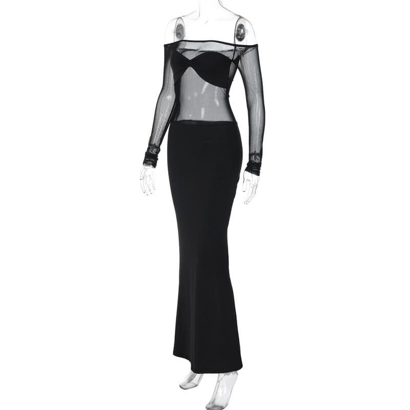 Ruched mesh patchwork off shoulder long sleeve slit maxi dress 3