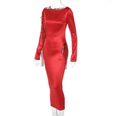Long sleeve solid satin hollow out self tie crewneck midi dress 7