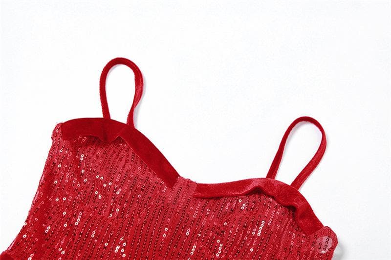 Sweetheart neck gloves velvet glitter mesh patchwork cami dress 6