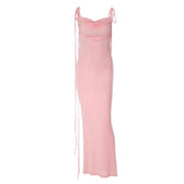 Ruched solid lace up backless cowl neck maxi dress 3
