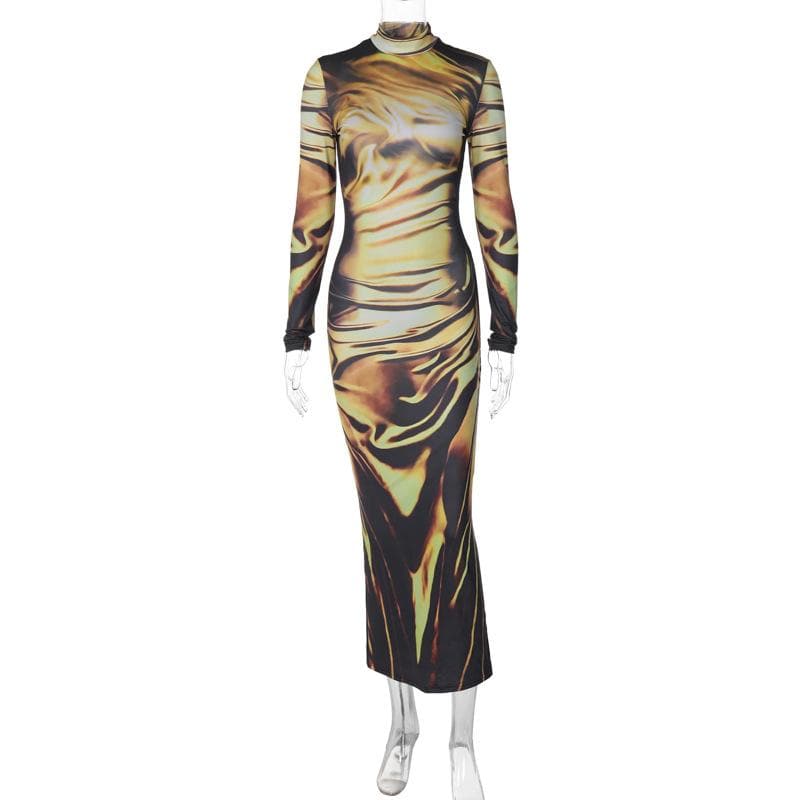 Long sleeve high neck print abstract midi dress