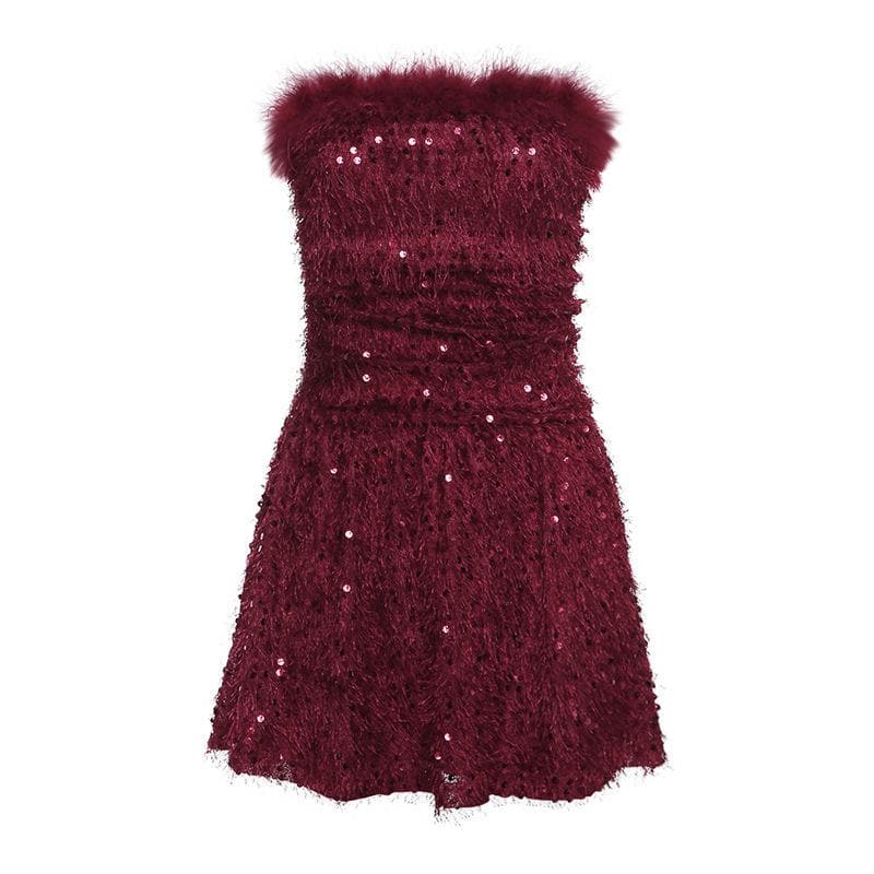 Textured glitter backless feather tube mini dress 4