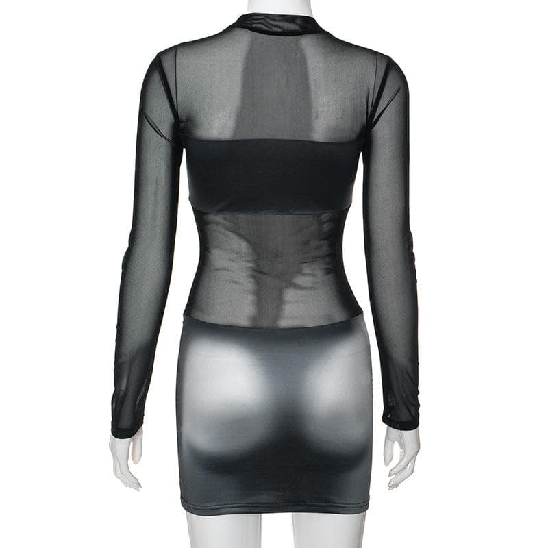 Body print mesh patchwork long sleeve contrast mini dress 4