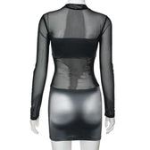 Body print mesh patchwork long sleeve contrast mini dress 4