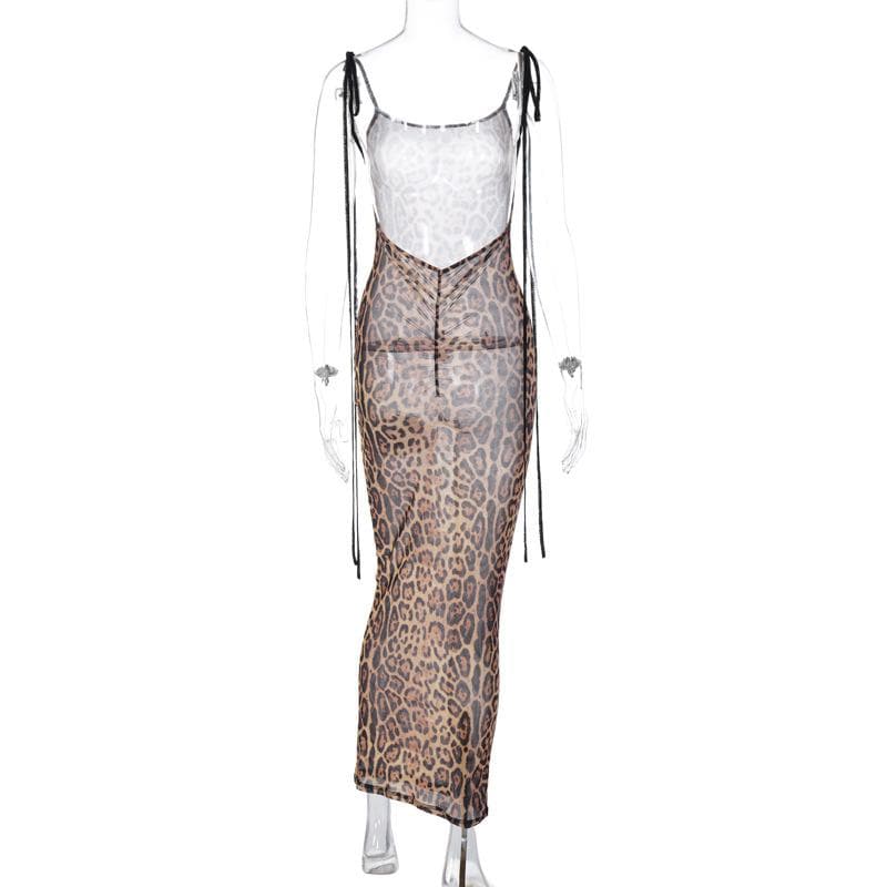 Sheer Mesh Tie Shoulder Spaghetti Strap Bodycon Maxi Dress 10