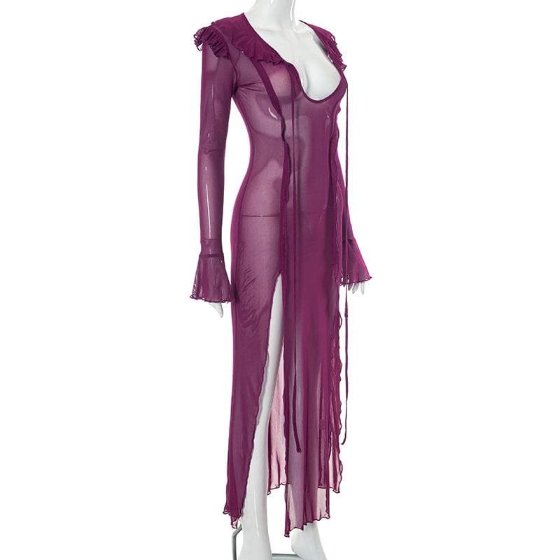 Slit flared sleeve sheer mesh see through u neck low cut maxi dress 11