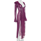 Slit flared sleeve sheer mesh see through u neck low cut maxi dress 11