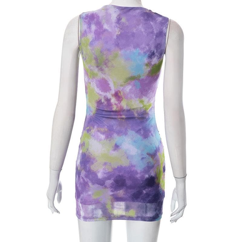 Tie Dye Sleeveless Crew Neck Ruched Mesh Bodycon Mini Dress 7
