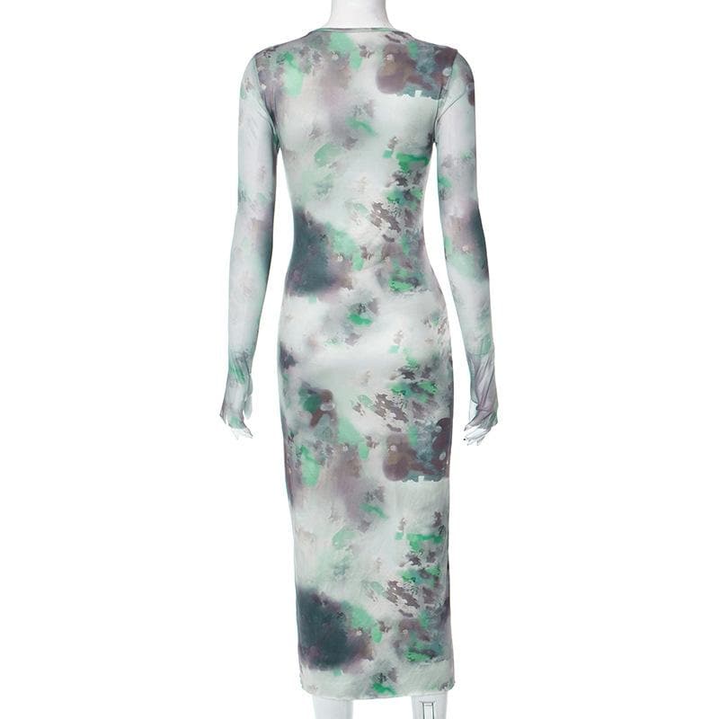 Long sleeve crewneck tie dye mesh gloves contrast midi dress 4