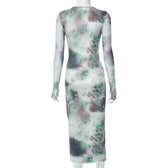 Long sleeve crewneck tie dye mesh gloves contrast midi dress 4