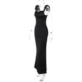 Feather cowl neck ruched solid backless maxi dress 7