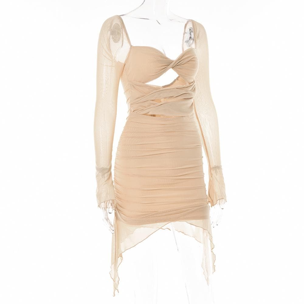 Long sleeve solid hollow out slit mesh ruched zip-up backless mini dress 5