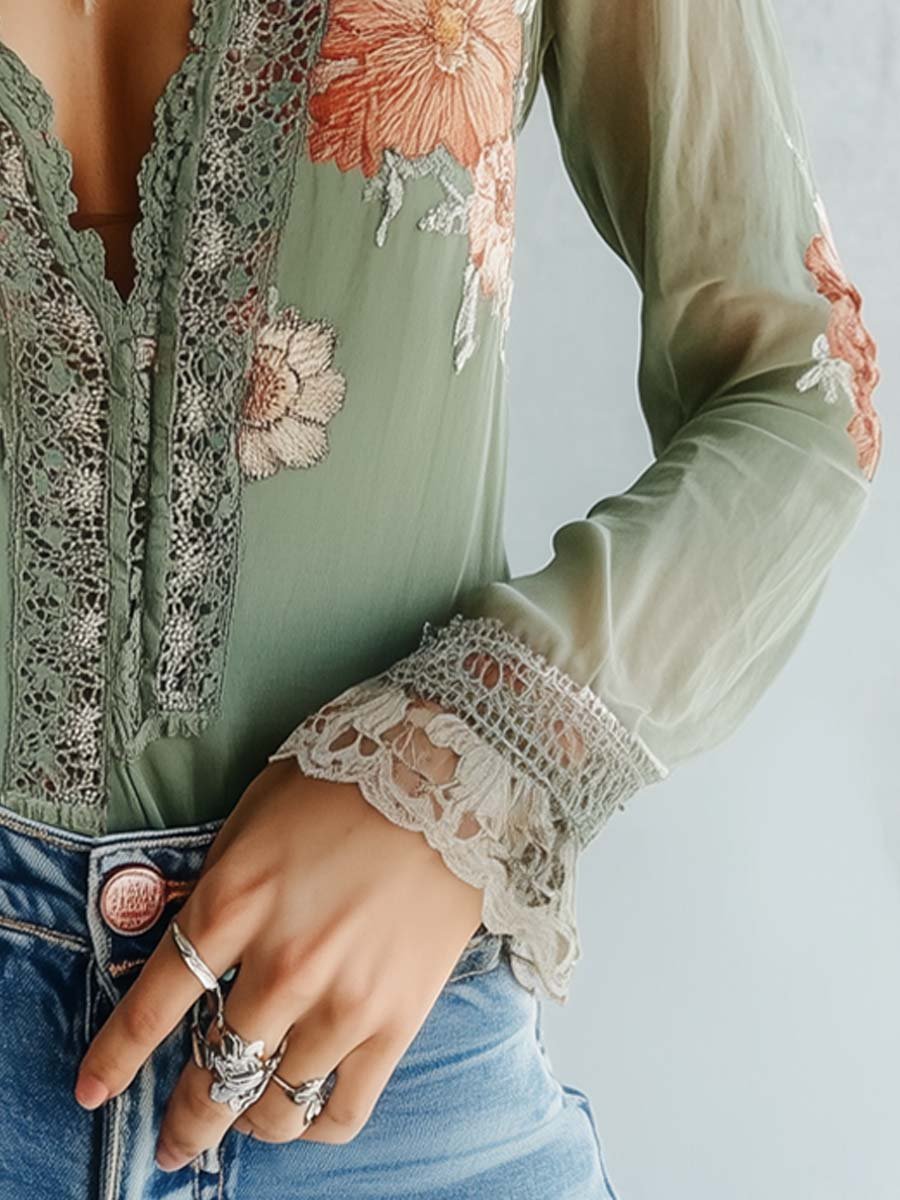 Floral Lace Trim V-Neck Long Sleeve Blouse 10