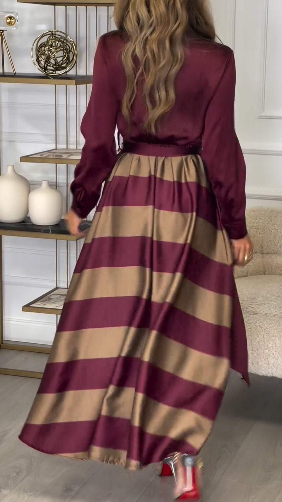 Collared Long Sleeve Striped Satin Two Piece Set 5