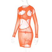 Long sleeve hollow out sheer mesh see through mini dress 5