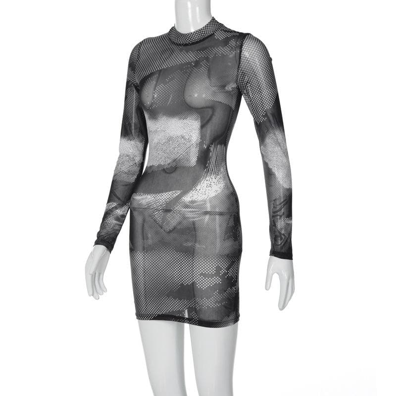 Long sleeve sheer mesh see through contrast polka dot mini dress 3