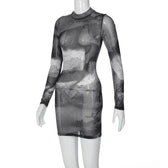 Long sleeve sheer mesh see through contrast polka dot mini dress 3