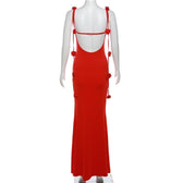 Flower applique backless solid v neck ribbon cami maxi dress 4