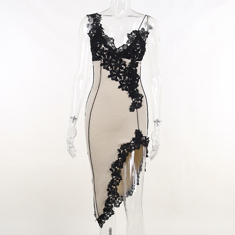 Contrast Floral Lace Applique V-Neck Cami High Split Midi Dress 8