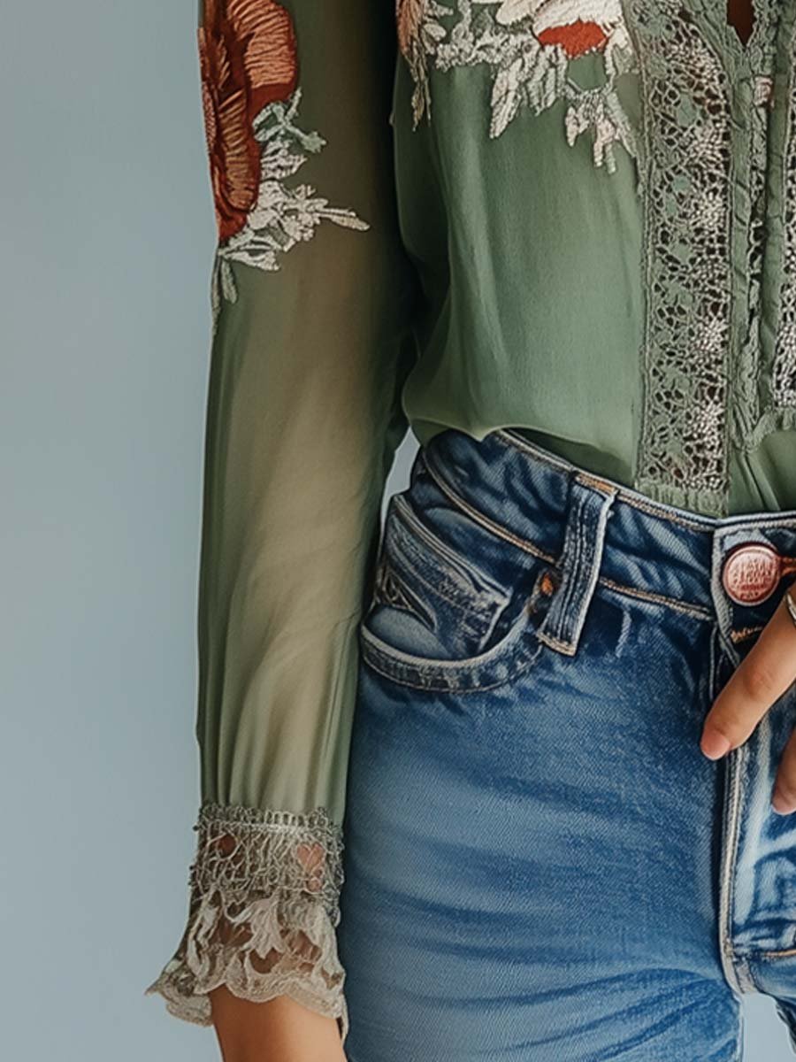 Floral Lace Trim V-Neck Long Sleeve Blouse 9