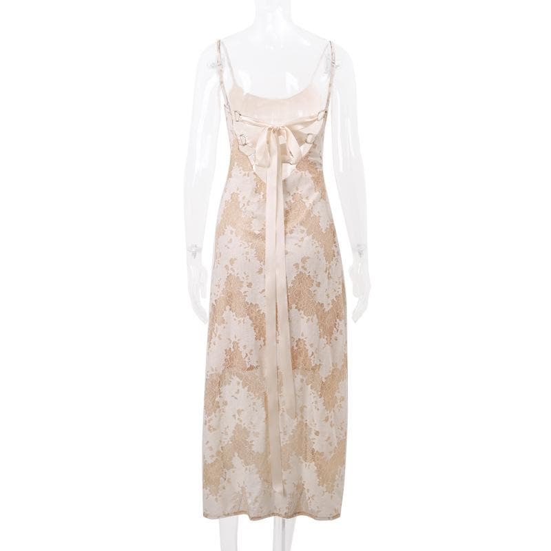 Lace u neck zip-up backless self tie cami midi dress 5