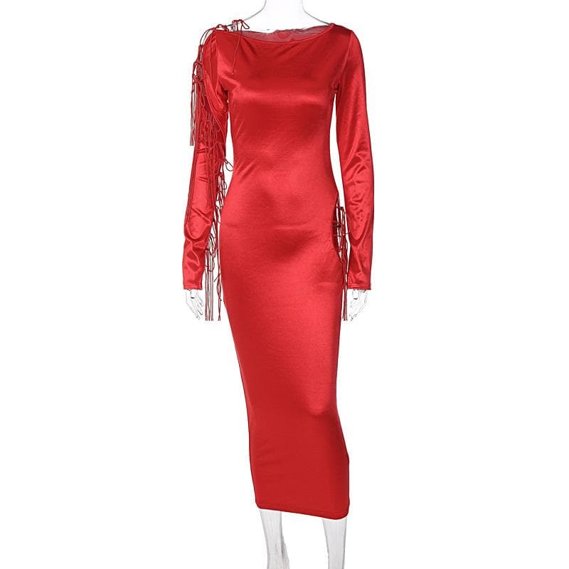 Long sleeve solid satin hollow out self tie crewneck midi dress 2