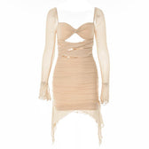 Long sleeve solid hollow out slit mesh ruched zip-up backless mini dress 3