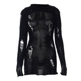 Crochet hollow out solid long sleeve mini dress