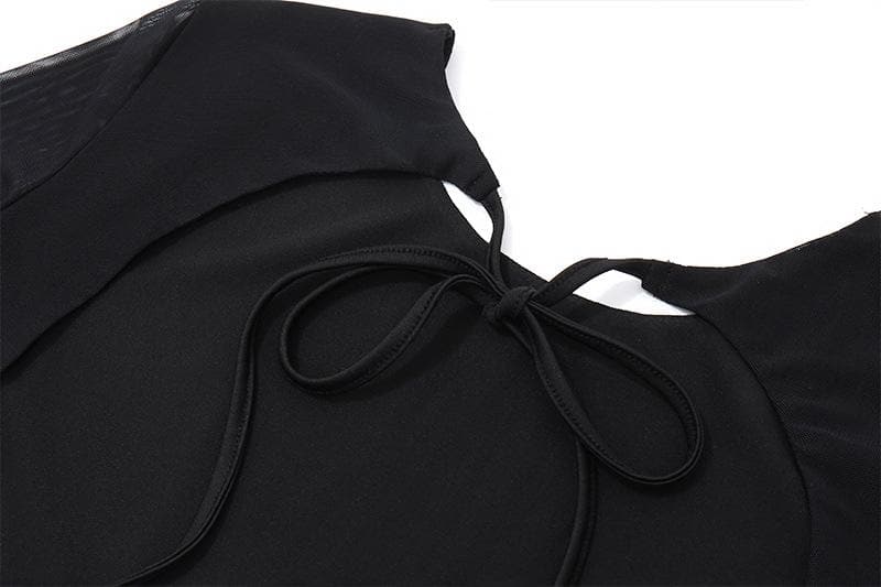 Long flared sleeve crewneck self tie mesh backless mini dress 8