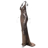 Metallic Cowl Neck Ruched Halter Backless Maxi Dress 5