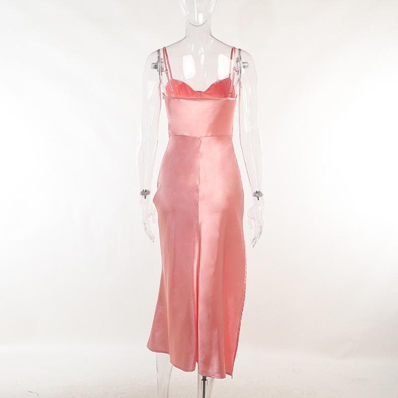 Sleeveless solid satin cowl neck slit backless zip-up cami dress 4