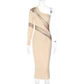 Long sleeve mesh backless one shoulder midi dress 4