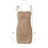 Ruched lace hem self tie square neck backless mini dress 4