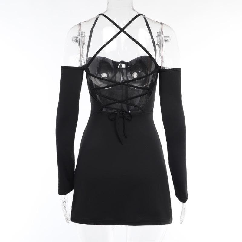 Lace up solid cross back off shoulder long sleeve mini dress 5