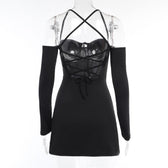 Lace up solid cross back off shoulder long sleeve mini dress 5