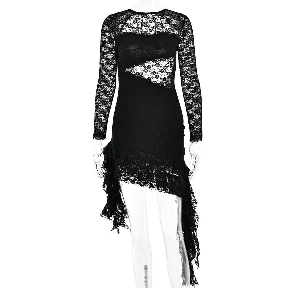 Lace backless solid ruffle long sleeve irregular mini dress 3