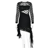 Lace backless solid ruffle long sleeve irregular mini dress 3